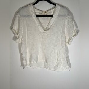 Rag Poets white v-neck cuffed short slv gauzy blouse sz L boho lightweight